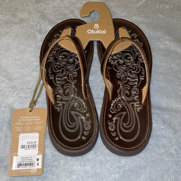 OluKai Paniolo Sandals Women 8 Brown Leather Flip Flops with Embroidered Design - Picture 5 of 10